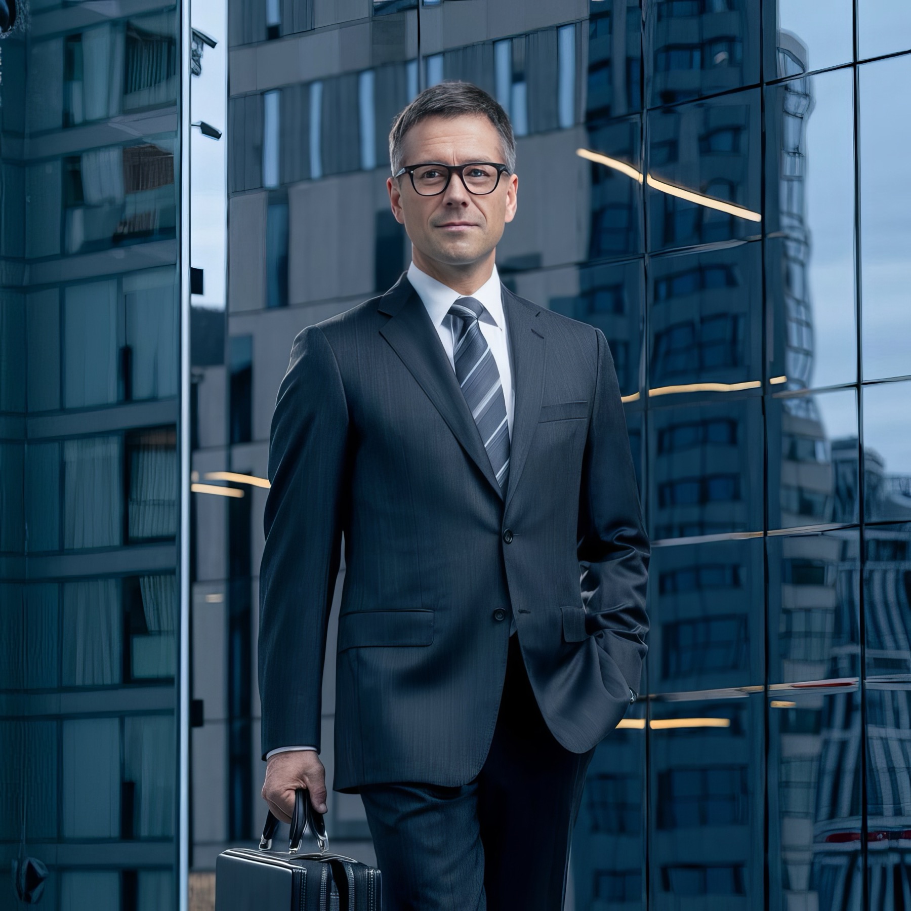 Executive consultant standing outside a modern office building